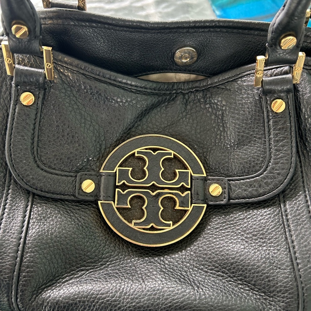 Tory Burch Black Leather Shoulder Bag with Gold Accents